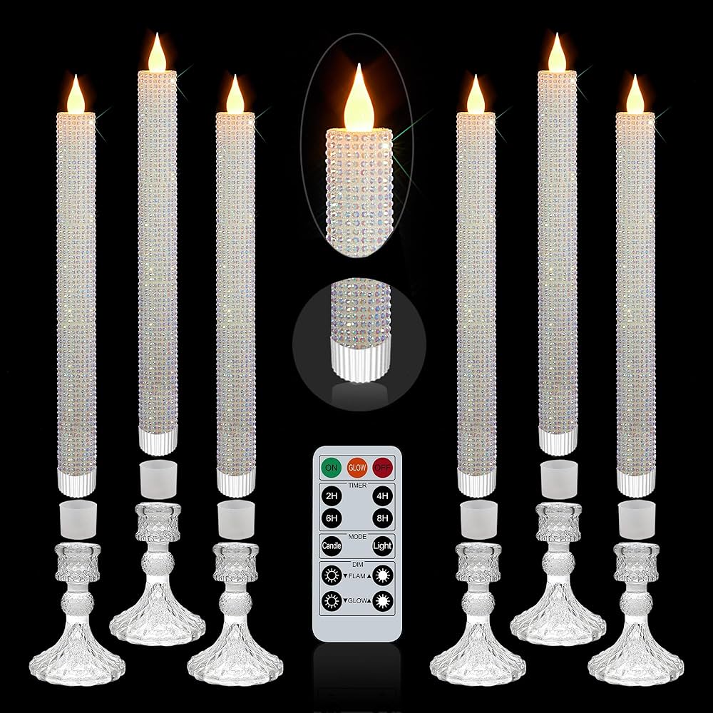 6 Pack Flameless Candles with Diamond Base Light – Hexagon Glass Holder, Remote Timer & Dimmer | Safe LED for Thanksgiving/Xmas Decor, Wedding Centerpiece (Crystallized-Brilliant, 6 Pack)