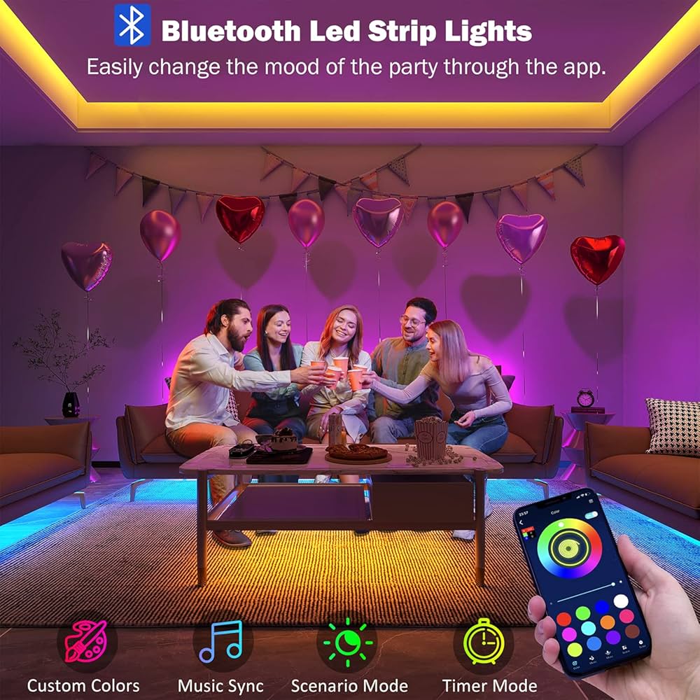 Leeleberd Led Lights for Bedroom 100 ft (2 Rolls of 50ft) Music Sync Color Changing RGB Led Strip Lights with Remote App Control Bluetooth Led Strip, Lights for Room Home Kitchen Party Decor