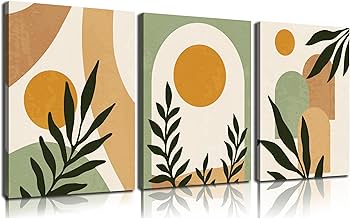 Boho Sun Canvas Wall Art Set of 3, Neutral Abstract Minimalismt Bohemian Geometric & Botanical Plants Pictures Prints Artwork Paintings Wall Decor for Bedroom Living Room Home Decoration 12×16 inches