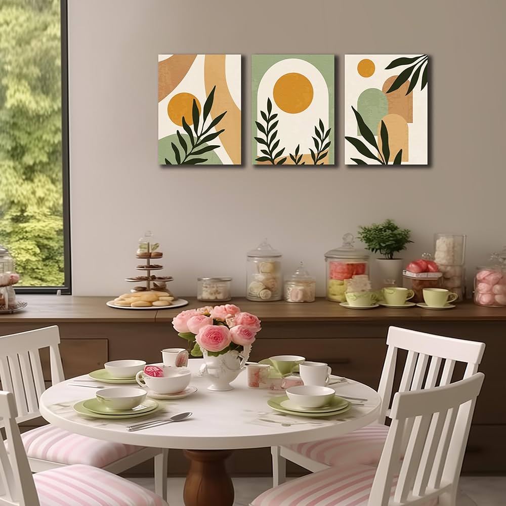Boho Sun Canvas Wall Art Set of 3, Neutral Abstract Minimalismt Bohemian Geometric & Botanical Plants Pictures Prints Artwork Paintings Wall Decor for Bedroom Living Room Home Decoration 16×24 inches