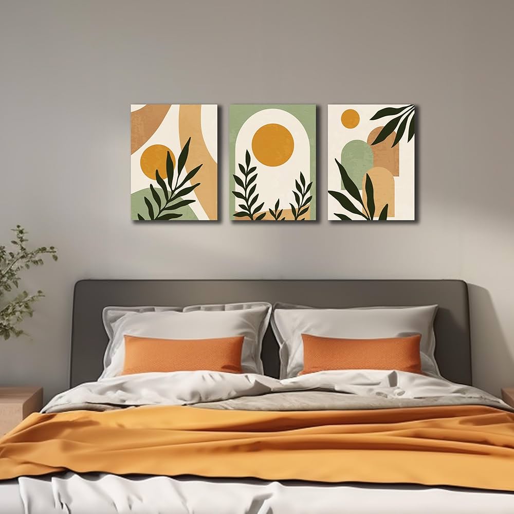 Boho Sun Canvas Wall Art Set of 3, Neutral Abstract Minimalismt Bohemian Geometric & Botanical Plants Pictures Prints Artwork Paintings Wall Decor for Bedroom Living Room Home Decoration 12×16 inches