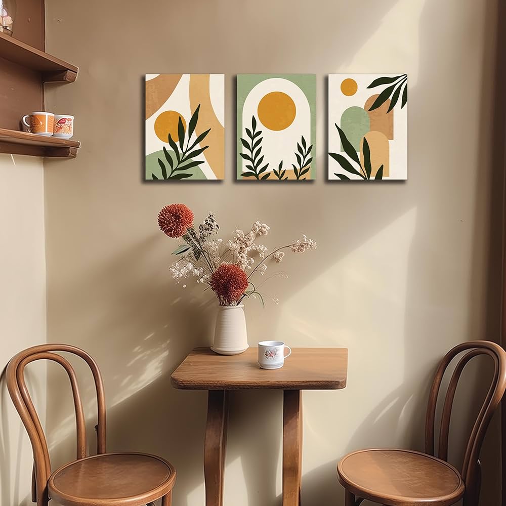 Boho Sun Canvas Wall Art Set of 3, Neutral Abstract Minimalismt Bohemian Geometric & Botanical Plants Pictures Prints Artwork Paintings Wall Decor for Bedroom Living Room Home Decoration 12×16 inches
