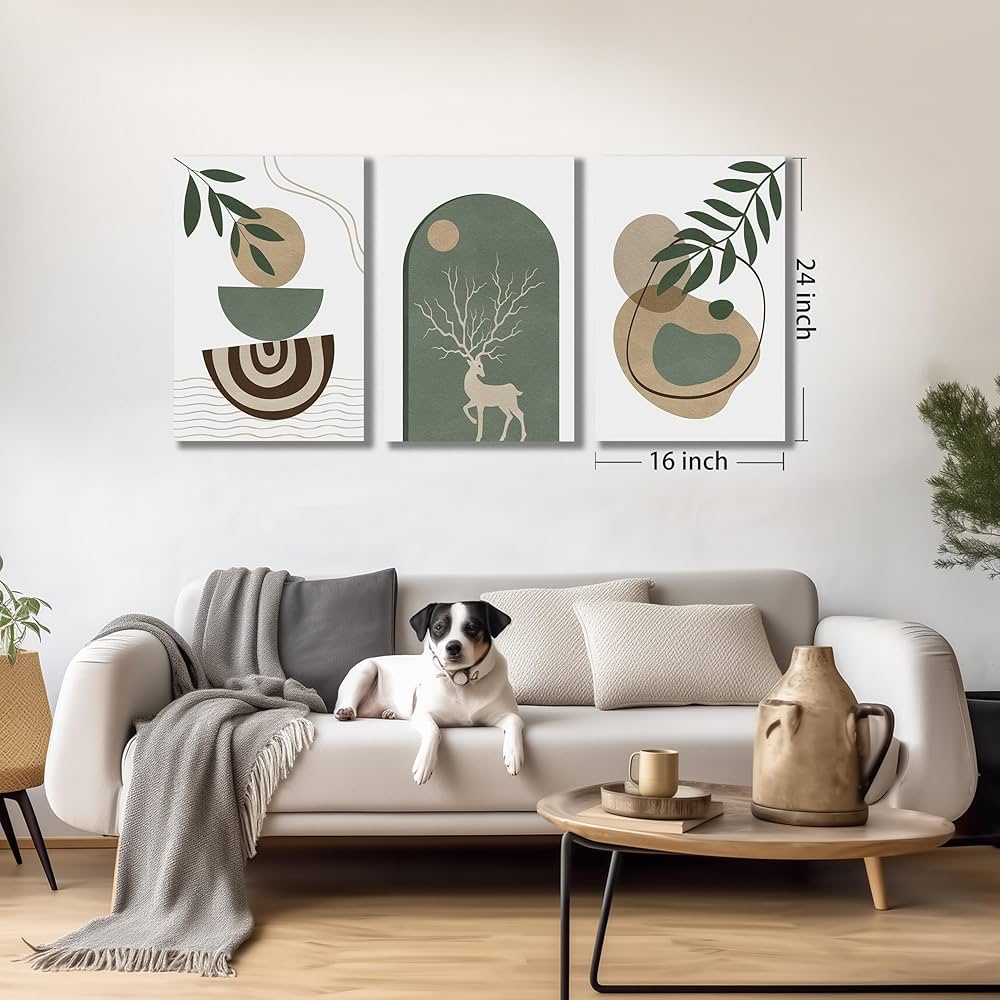 Boho Sun Canvas Wall Art Set of 3, Neutral Abstract Minimalismt Bohemian Geometric & Botanical Plants Pictures Prints Artwork Paintings Wall Decor for Bedroom Living Room Home Decoration 16×24 inches