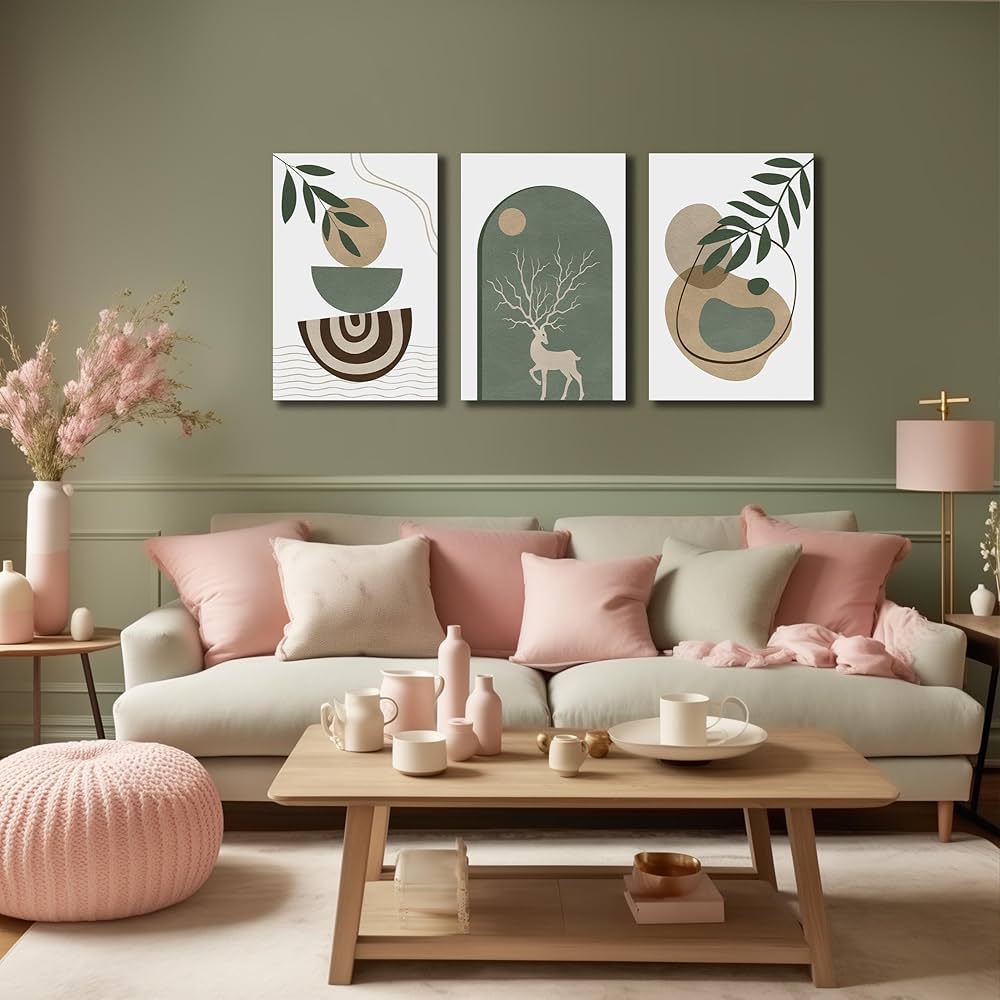 Boho Sun Canvas Wall Art Set of 3, Neutral Abstract Minimalismt Bohemian Geometric & Botanical Plants Pictures Prints Artwork Paintings Wall Decor for Bedroom Living Room Home Decoration 16×24 inches