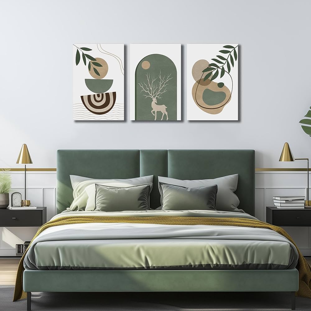 Boho Sun Canvas Wall Art Set of 3, Neutral Abstract Minimalismt Bohemian Geometric & Botanical Plants Pictures Prints Artwork Paintings Wall Decor for Bedroom Living Room Home Decoration 16×24 inches