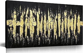 Large Hand Painted 3D Canvas Wall Art for Living Room, Neutral Abstract Black and Gold Texture Minimalismt Painting Handmade Picture Artwork Wall-Decor for Bedroom Home Decoration, Size 40×20 inches