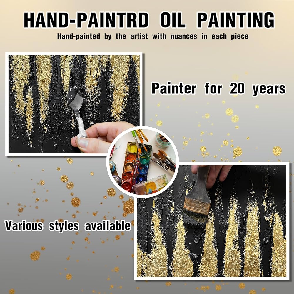 Large Hand Painted 3D Canvas Wall Art for Living Room, Neutral Abstract Black and Gold Texture Minimalismt Painting Handmade Picture Artwork Wall-Decor for Bedroom Home Decoration, Size 40×20 inches