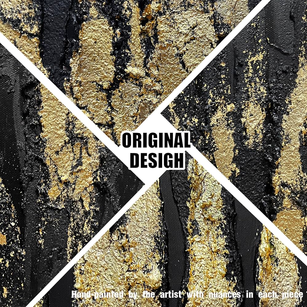 Large Hand Painted 3D Canvas Wall Art for Living Room, Neutral Abstract Black and Gold Texture Minimalismt Painting Handmade Picture Artwork Wall-Decor for Bedroom Home Decoration, Size 40×20 inches