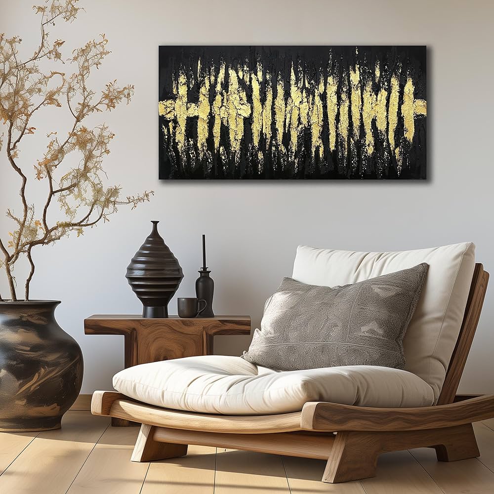 Large Hand Painted 3D Canvas Wall Art for Living Room, Neutral Abstract Black and Gold Texture Minimalismt Painting Handmade Picture Artwork Wall-Decor for Bedroom Home Decoration, Size 40×20 inches