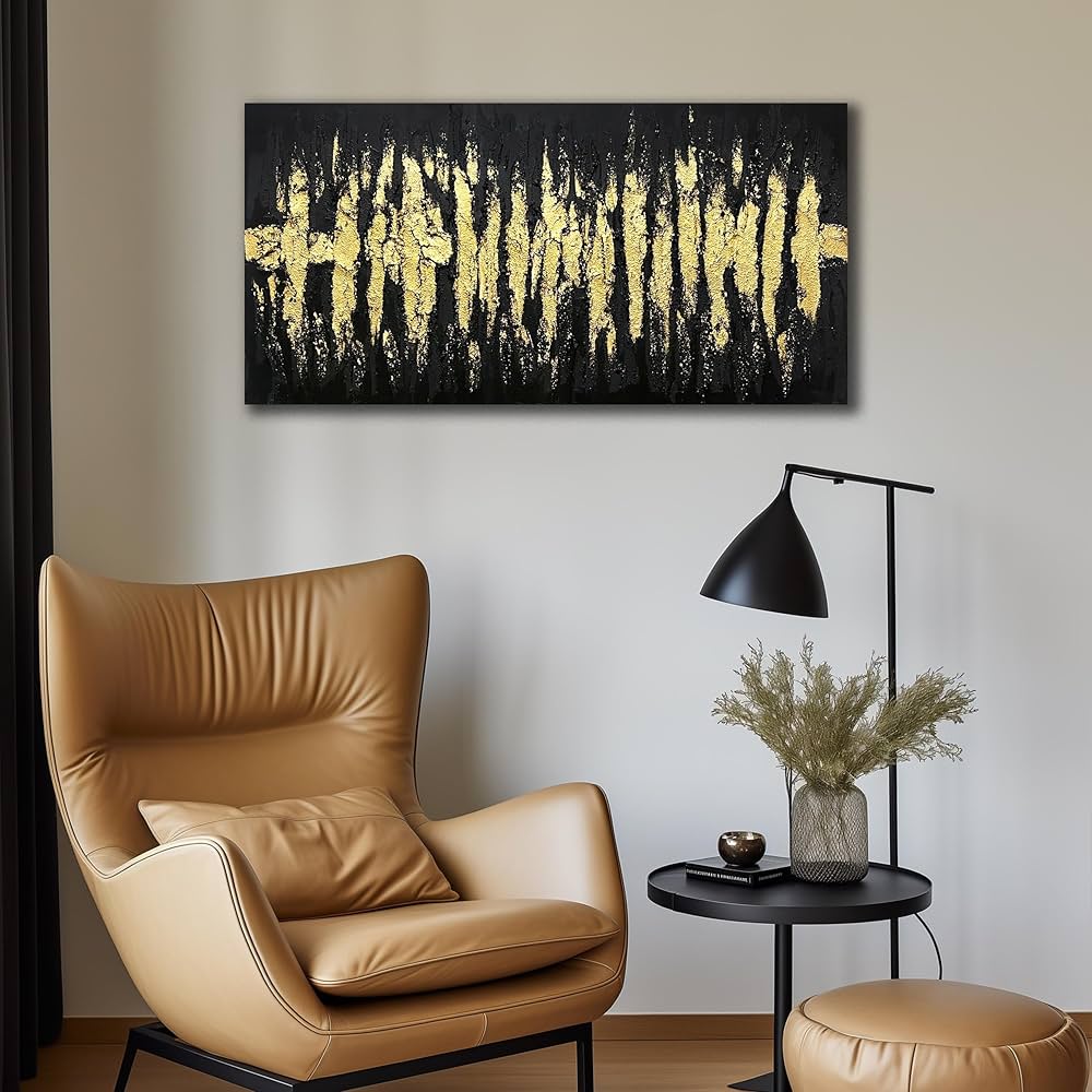 Large Hand Painted 3D Canvas Wall Art for Living Room, Neutral Abstract Black and Gold Texture Minimalismt Painting Handmade Picture Artwork Wall-Decor for Bedroom Home Decoration, Size 40×20 inches