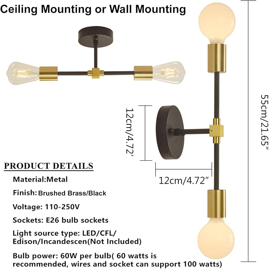 2 Lights Bathroom Wall Sconce Vanity Modern Industrial Wall Lamp Pole Wall Mount Lighting Fixture（Gold/Black Color）