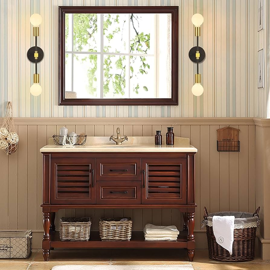 2 Lights Bathroom Wall Sconce Vanity Modern Industrial Wall Lamp Pole Wall Mount Lighting Fixture（Gold/Black Color）