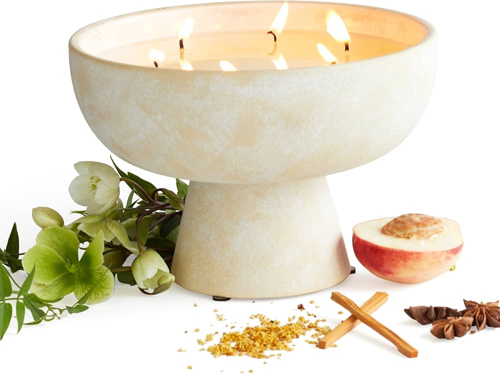 Blueme Calm Candle | Osmanthus & Sandalwood | 6 Wick – Refillable Wellness Candle with Essential Oils, Hand Finished & Poured Soy Wax Blend Ceramic Vessel, Natural Cotton Wicks | Giant 45 oz