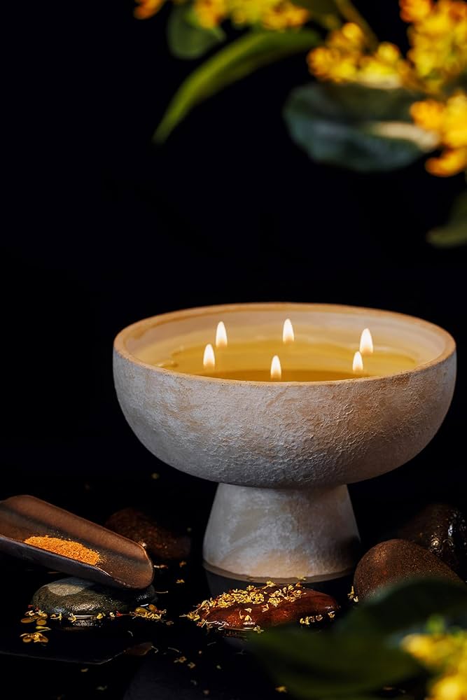 Blueme Calm Candle | Osmanthus & Sandalwood | 6 Wick – Refillable Wellness Candle with Essential Oils, Hand Finished & Poured Soy Wax Blend Ceramic Vessel, Natural Cotton Wicks | Giant 45 oz