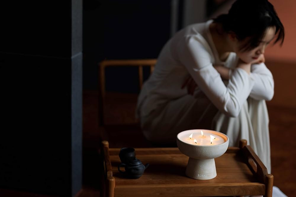 Blueme Calm Candle | Osmanthus & Sandalwood | 6 Wick – Refillable Wellness Candle with Essential Oils, Hand Finished & Poured Soy Wax Blend Ceramic Vessel, Natural Cotton Wicks | Giant 45 oz