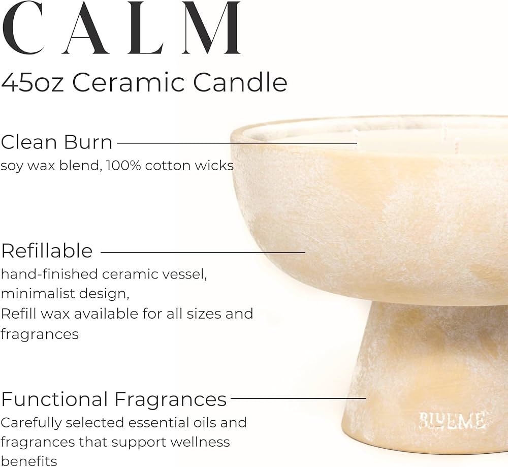 Blueme Calm Candle | Osmanthus & Sandalwood | 6 Wick – Refillable Wellness Candle with Essential Oils, Hand Finished & Poured Soy Wax Blend Ceramic Vessel, Natural Cotton Wicks | Giant 45 oz