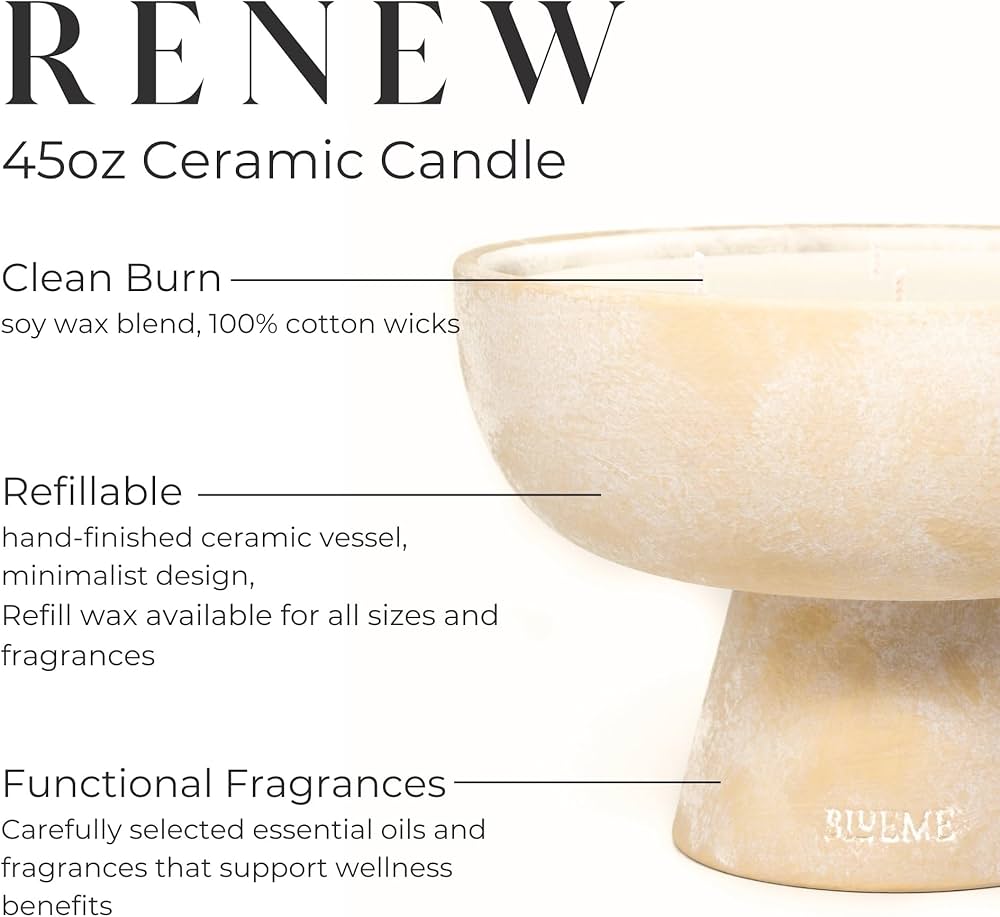 Blueme Renew Candle | Ivy & Rose | 6 Wick – Refillable Wellness Candle with Essential Oils, Hand Finished & Poured Soy Wax Blend Ceramic Vessel, Natural Cotton Wicks | Giant 45 oz