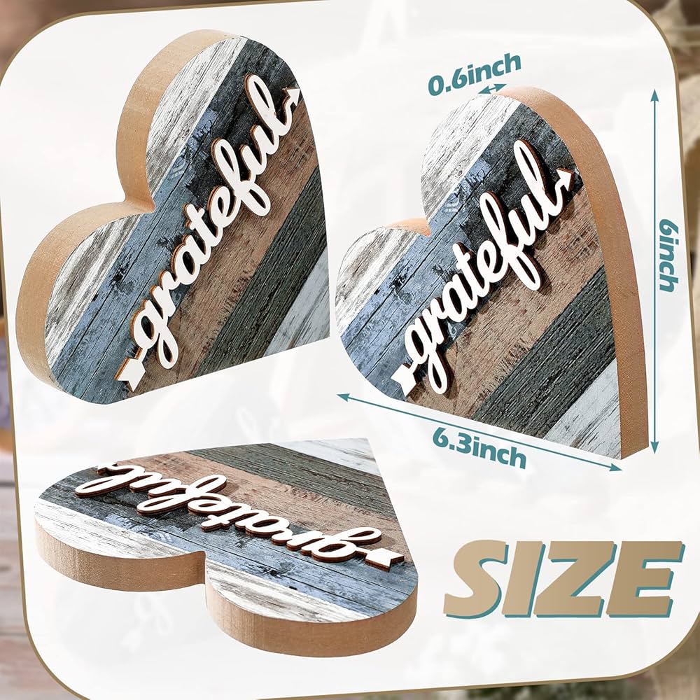 Jetec 2 Pcs Rustic Table Decorations for Living Room Home Decor Farmhouse Valentines Day Centerpiece Small Love Wooden Heart Decor for Dining Room Shelf Valentines Gift Decoration(Grateful Style)