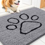 Smiry Dog Door Mat for Muddy Paws, Absorbent Dirt Trapper Non Slip Quick Dry Washable Chenille Mat for Mud Dogs, Entry Rug for Indoor and Outdoor (30×20 Inches, Grey and Black)