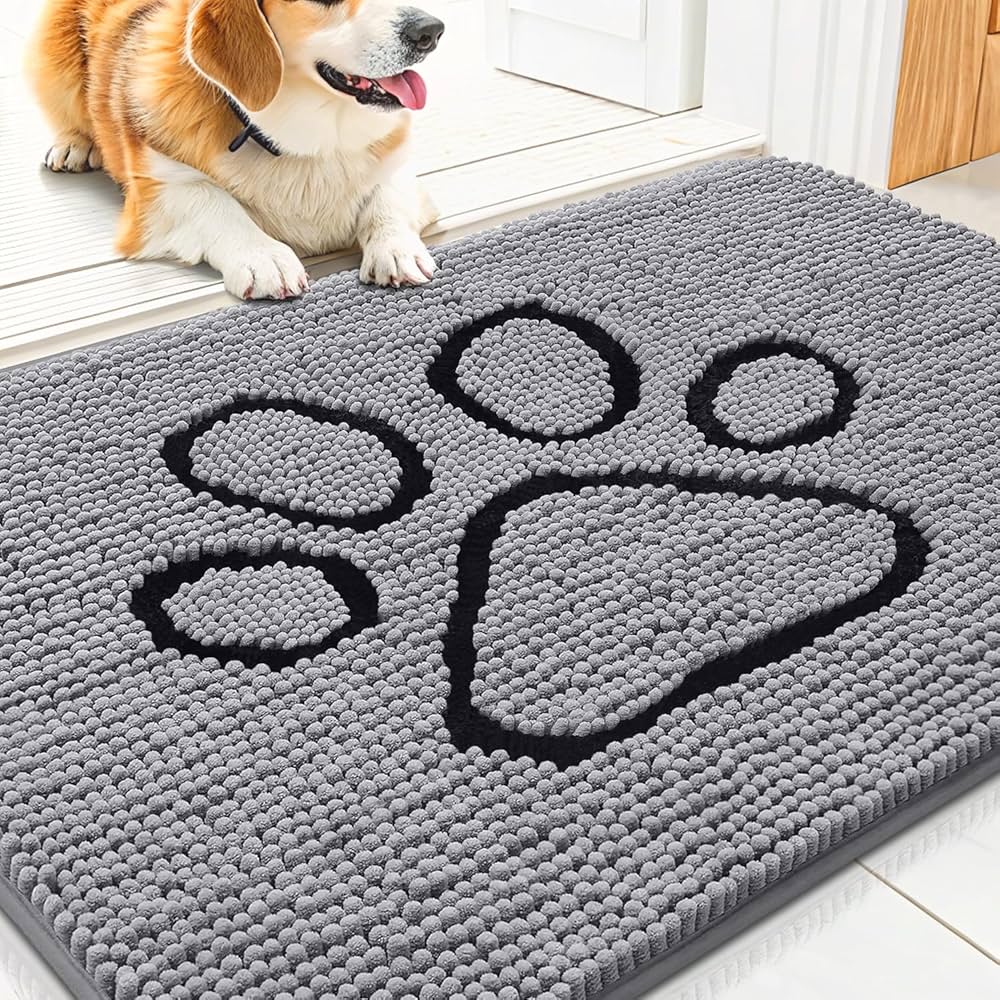Smiry Dog Door Mat for Muddy Paws, Absorbent Dirt Trapper Non Slip Quick Dry Washable Chenille Mat for Mud Dogs, Entry Rug for Indoor and Outdoor (30×20 Inches, Grey and Black)
