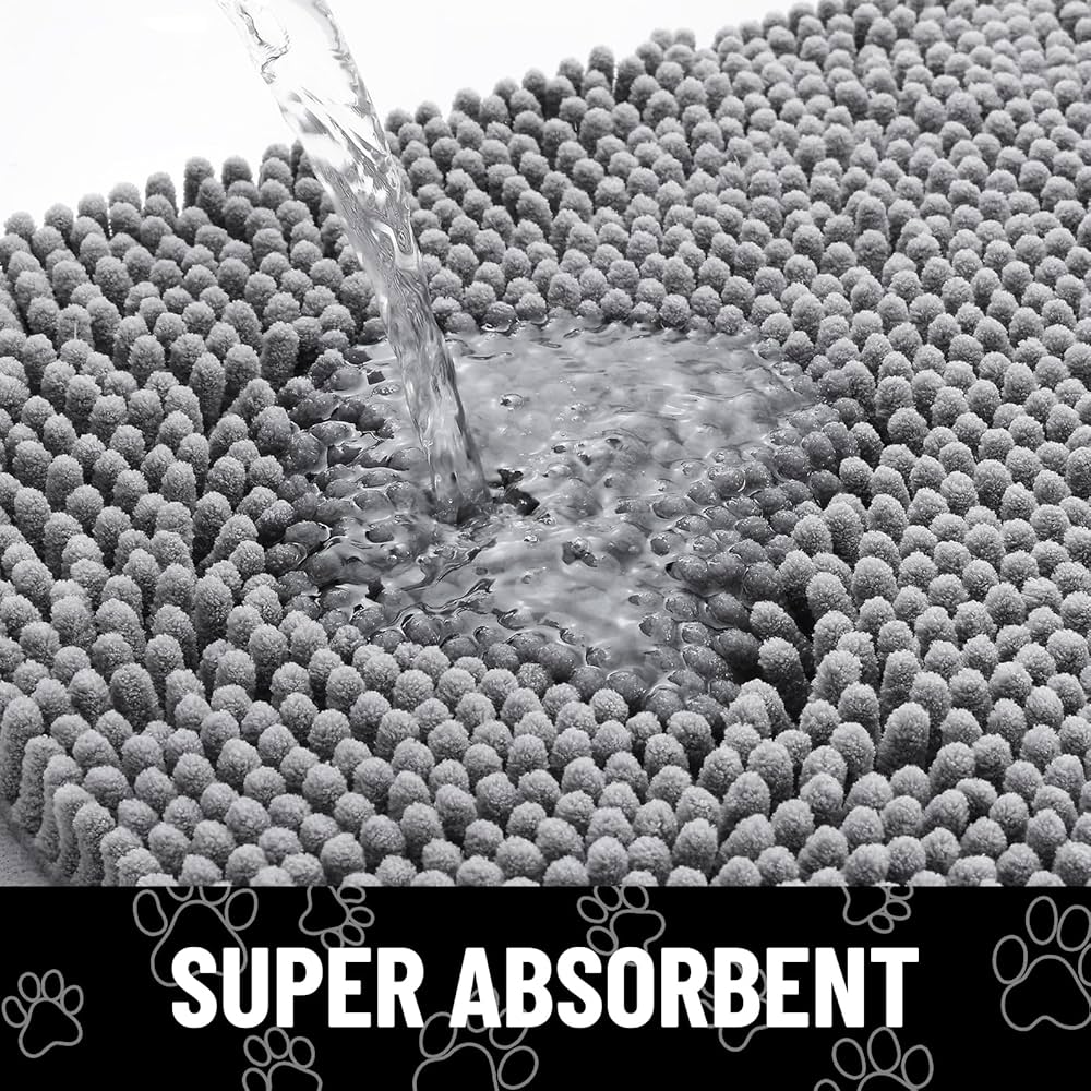 Smiry Dog Door Mat for Muddy Paws, Absorbent Dirt Trapper Non Slip Quick Dry Washable Chenille Mat for Mud Dogs, Entry Rug for Indoor and Outdoor (30×20 Inches, Grey and Black)