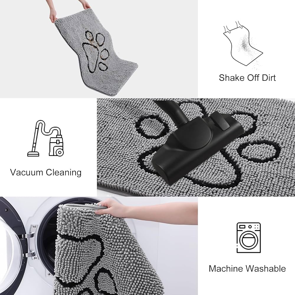 Smiry Dog Door Mat for Muddy Paws, Absorbent Dirt Trapper Non Slip Quick Dry Washable Chenille Mat for Mud Dogs, Entry Rug for Indoor and Outdoor (30×20 Inches, Grey and Black)