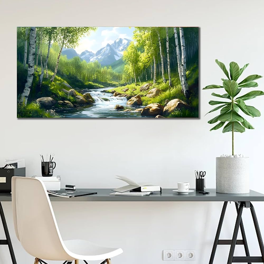 SSNEEKNDG Green Forest Large Wall Art for Living Room Tree Pictures Landscape Mountain Artwork for Bedroom Office Kitchen Canvas Prints 20″x40″
