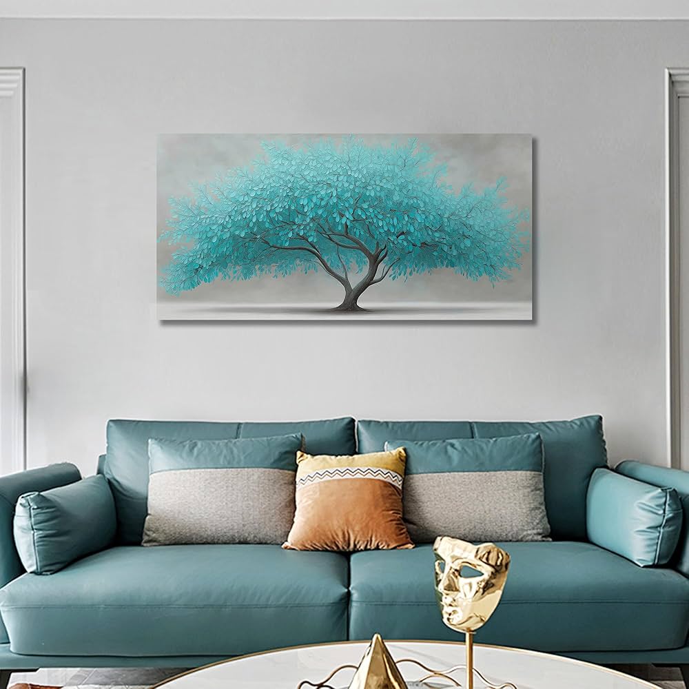 Tree of Life Wall Art for Living Room Bedroom Teal Blue Nature Print Picture Painting Large Framed Wall Decor for Bathroom Office Modern Home Botanical Landscape Wall Decorations Artwork Size 20×40 Ready to Hang