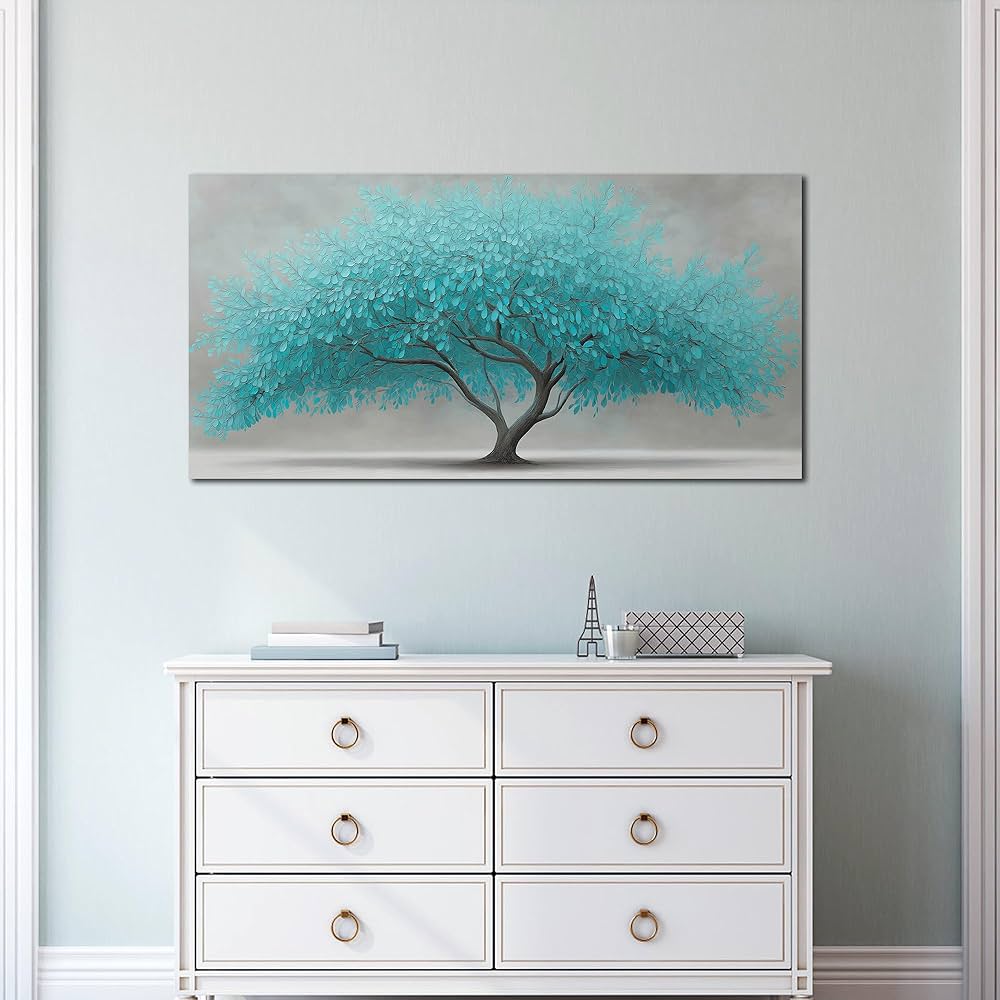 Tree of Life Wall Art for Living Room Bedroom Teal Blue Nature Print Picture Painting Large Framed Wall Decor for Bathroom Office Modern Home Botanical Landscape Wall Decorations Artwork Size 20×40 Ready to Hang