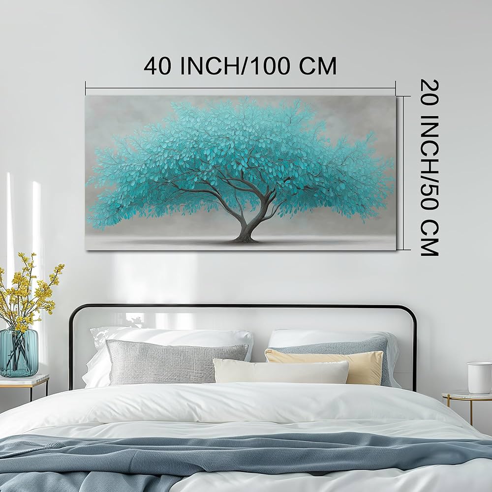 Tree of Life Wall Art for Living Room Bedroom Teal Blue Nature Print Picture Painting Large Framed Wall Decor for Bathroom Office Modern Home Botanical Landscape Wall Decorations Artwork Size 20×40 Ready to Hang