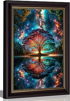 Black Gold Framed Tree of Life Canvas Wall Art Starry sky reflection Pictures Wall Decor Modern Abstract Poster Print Artwork for Living Room Yoga Room Hotel Bedroom Home Decoration 12x16in