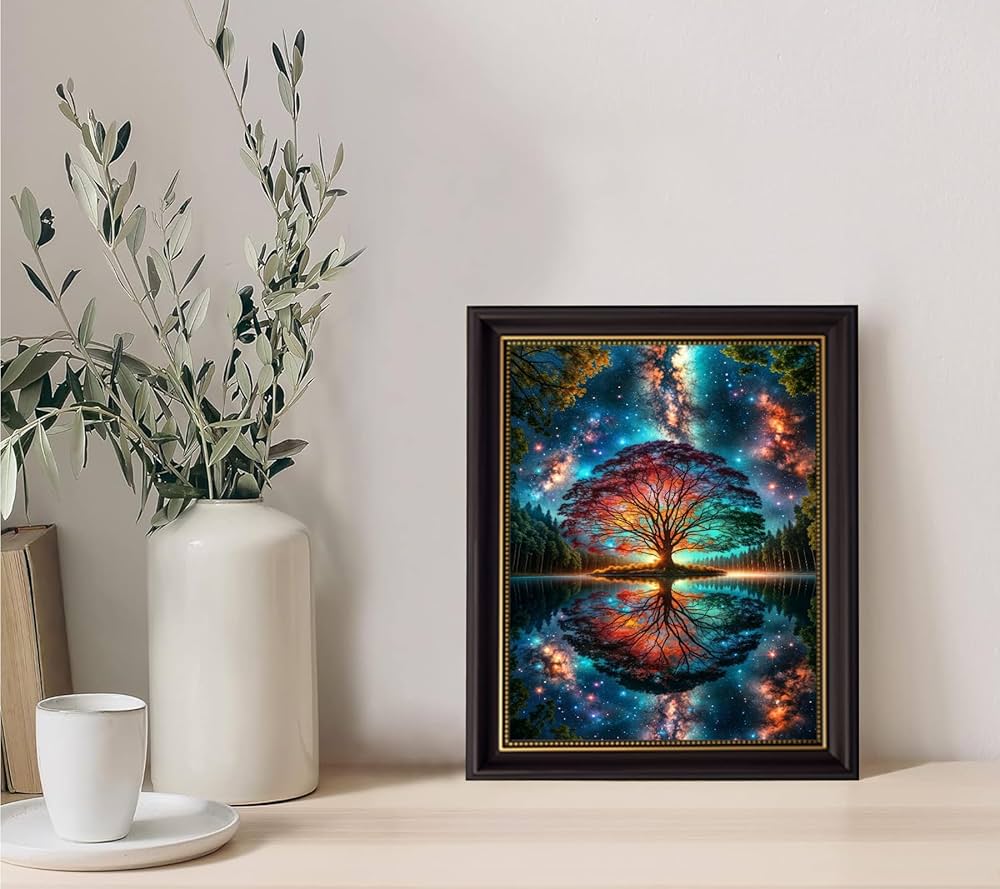 Black Gold Framed Tree of Life Canvas Wall Art Starry sky reflection Pictures Wall Decor Modern Abstract Poster Print Artwork for Living Room Yoga Room Hotel Bedroom Home Decoration 12x16in