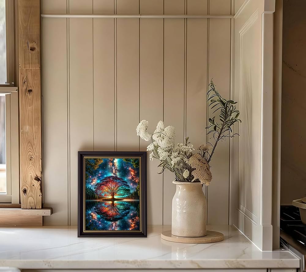 Black Gold Framed Tree of Life Canvas Wall Art Starry sky reflection Pictures Wall Decor Modern Abstract Poster Print Artwork for Living Room Yoga Room Hotel Bedroom Home Decoration 12x16in