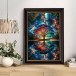 Black Gold Framed Tree of Life Canvas Wall Art Starry sky reflection Pictures Wall Decor Modern Abstract Poster Print Artwork for Living Room Yoga Room Hotel Bedroom Home Decoration 12x16in