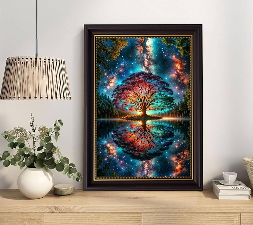 Black Gold Framed Tree of Life Canvas Wall Art Starry sky reflection Pictures Wall Decor Modern Abstract Poster Print Artwork for Living Room Yoga Room Hotel Bedroom Home Decoration 12x16in