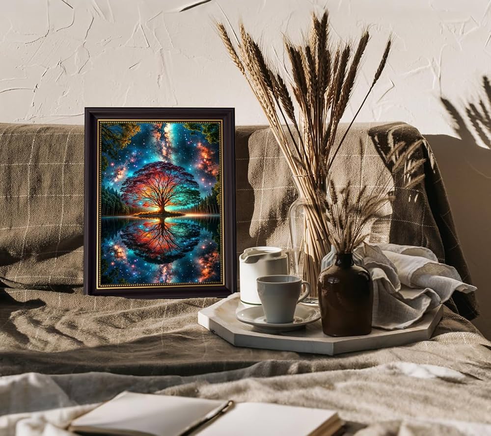 Black Gold Framed Tree of Life Canvas Wall Art Starry sky reflection Pictures Wall Decor Modern Abstract Poster Print Artwork for Living Room Yoga Room Hotel Bedroom Home Decoration 12x16in