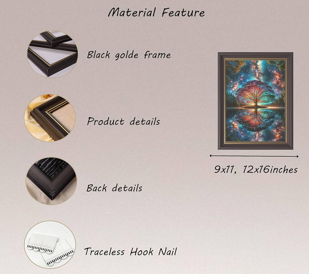 Black Gold Framed Tree of Life Canvas Wall Art Starry sky reflection Pictures Wall Decor Modern Abstract Poster Print Artwork for Living Room Yoga Room Hotel Bedroom Home Decoration 12x16in