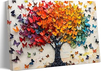 Colorful Butterfly Tree Canvas Wall Art Tree of Life Painting Picture Wall Decor Cute Butterfly Poster Print Artwork for Wall Living Room Bathroom Bedroom Home Decoration 12x16in