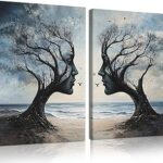 Kdyudo 2 pcs Tree of Life Canvas Framed Wall Art Gothic Face Tree Painting Picture Surrealist Trees and Ocean Abstract Nature Poster Print Artwork Bathroom Living Room Office Wall Decor 12×16 inch