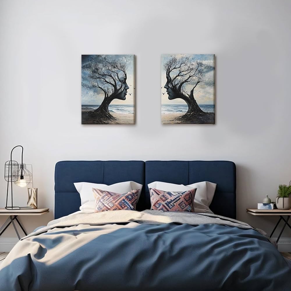 Kdyudo 2 pcs Tree of Life Canvas Framed Wall Art Gothic Face Tree Painting Picture Surrealist Trees and Ocean Abstract Nature Poster Print Artwork Bathroom Living Room Office Wall Decor 12×16 inch