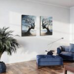Kdyudo 2 pcs Tree of Life Canvas Framed Wall Art Gothic Face Tree Painting Picture Surrealist Trees and Ocean Abstract Nature Poster Print Artwork Bathroom Living Room Office Wall Decor 12×16 inch