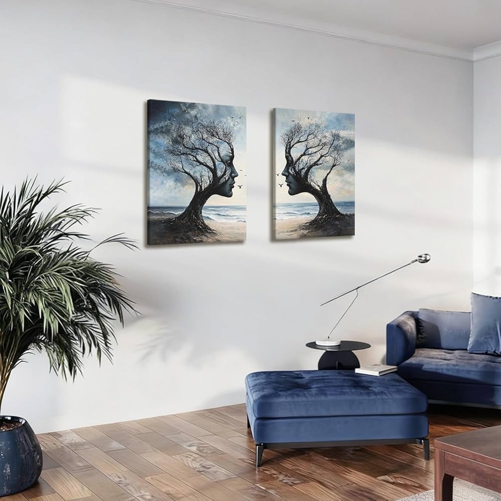 Kdyudo 2 pcs Tree of Life Canvas Framed Wall Art Gothic Face Tree Painting Picture Surrealist Trees and Ocean Abstract Nature Poster Print Artwork Bathroom Living Room Office Wall Decor 12×16 inch