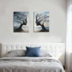 Kdyudo 2 pcs Tree of Life Canvas Framed Wall Art Gothic Face Tree Painting Picture Surrealist Trees and Ocean Abstract Nature Poster Print Artwork Bathroom Living Room Office Wall Decor 12×16 inch