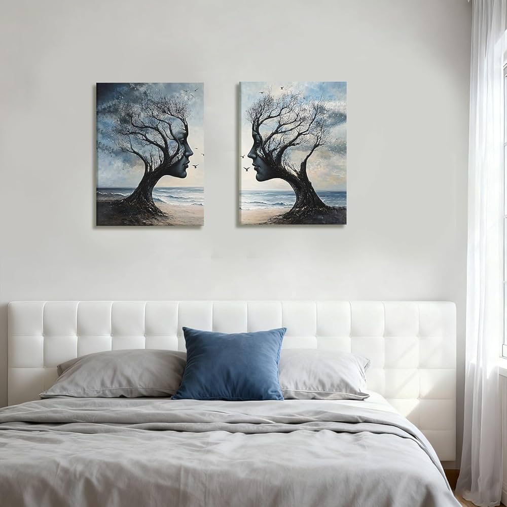 Kdyudo 2 pcs Tree of Life Canvas Framed Wall Art Gothic Face Tree Painting Picture Surrealist Trees and Ocean Abstract Nature Poster Print Artwork Bathroom Living Room Office Wall Decor 12×16 inch