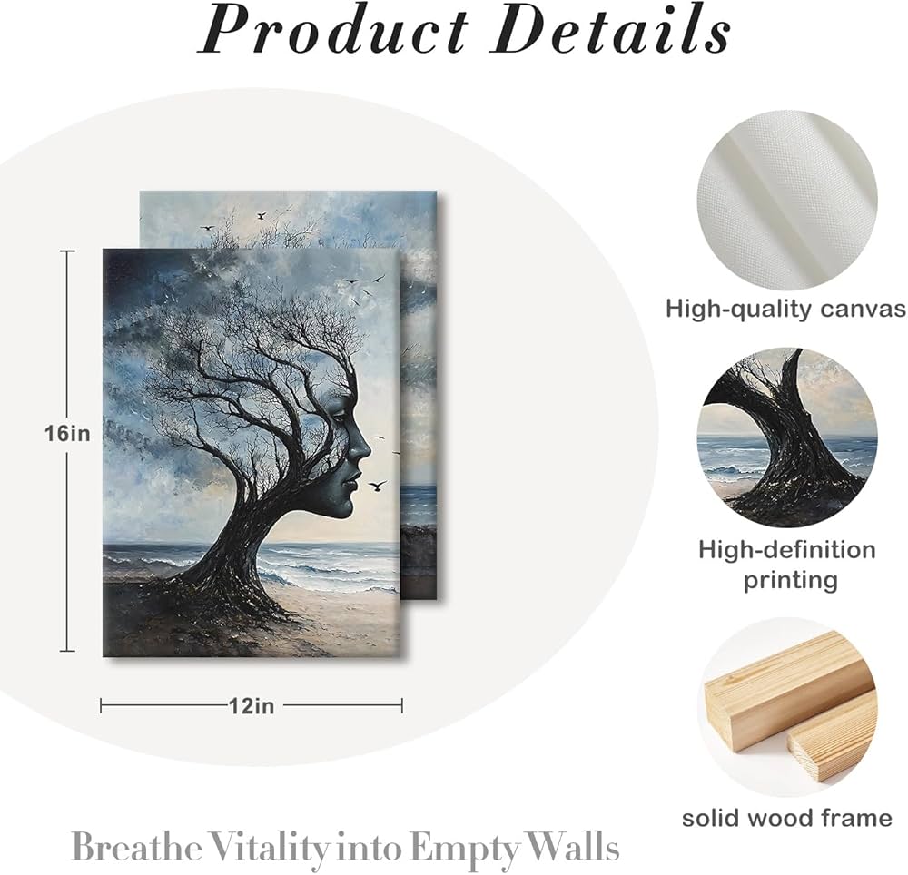 Kdyudo 2 pcs Tree of Life Canvas Framed Wall Art Gothic Face Tree Painting Picture Surrealist Trees and Ocean Abstract Nature Poster Print Artwork Bathroom Living Room Office Wall Decor 12×16 inch