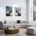 Kdyudo 2 pcs Tree of Life Canvas Framed Wall Art Gothic Face Tree Painting Picture Surrealist Trees and Ocean Abstract Nature Poster Print Artwork Bathroom Living Room Office Wall Decor 12×16 inch