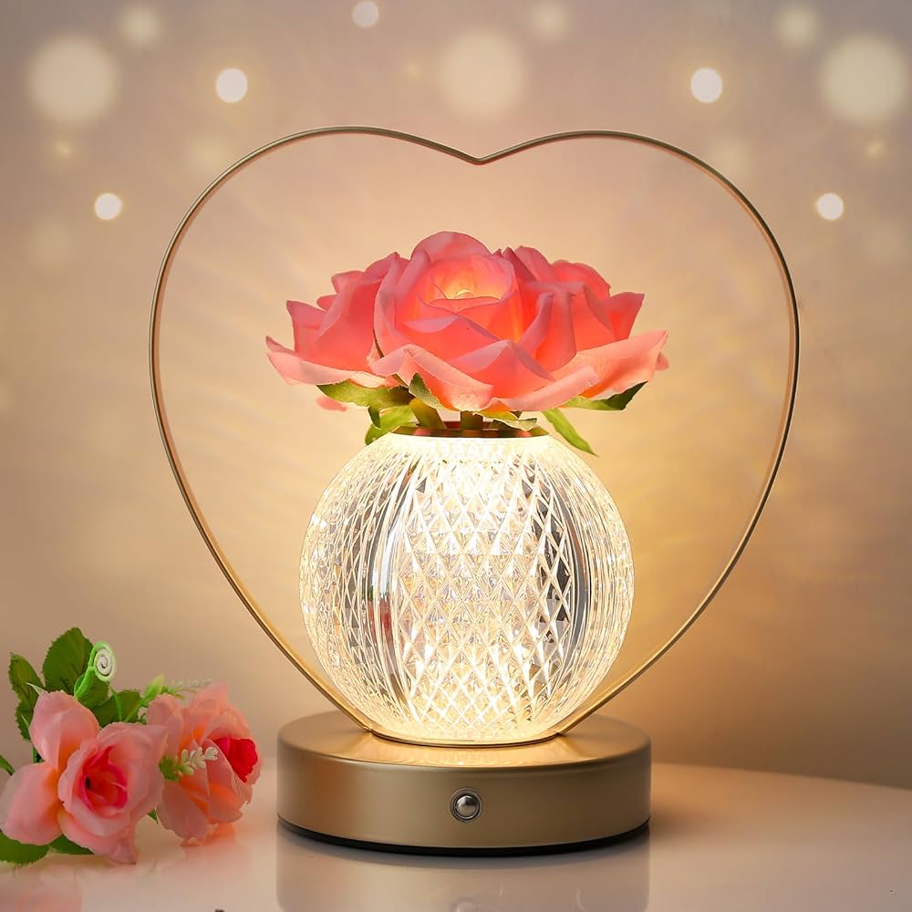 Rose Flower Lamp,Birthday Gifts for Women,Rechargeable Cordless LED Touch Lamps,3-Colour Infinitely Dimming Small Night Light,for Living Room,Dining Room,Bedroom Festival Home Decor