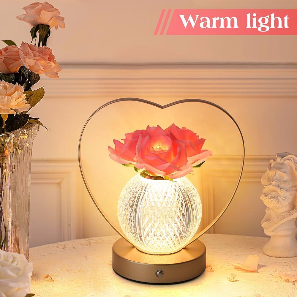 Rose Flower Lamp,Birthday Gifts for Women,Rechargeable Cordless LED Touch Lamps,3-Colour Infinitely Dimming Small Night Light,for Living Room,Dining Room,Bedroom Festival Home Decor