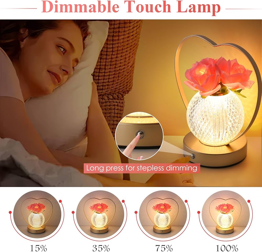 Rose Flower Lamp,Birthday Gifts for Women,Rechargeable Cordless LED Touch Lamps,3-Colour Infinitely Dimming Small Night Light,for Living Room,Dining Room,Bedroom Festival Home Decor