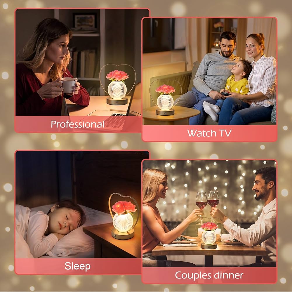 Rose Flower Lamp,Birthday Gifts for Women,Rechargeable Cordless LED Touch Lamps,3-Colour Infinitely Dimming Small Night Light,for Living Room,Dining Room,Bedroom Festival Home Decor
